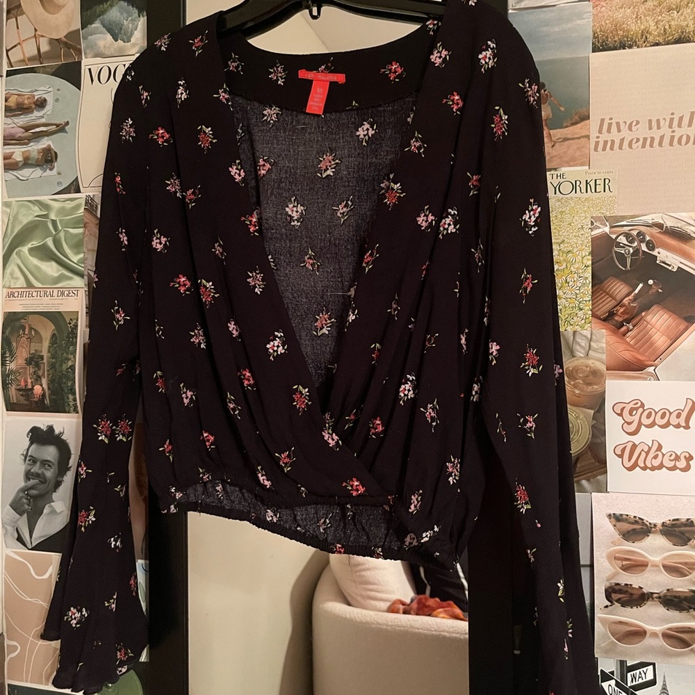 Women’s Black Floral Blouse with Bell Sleeve